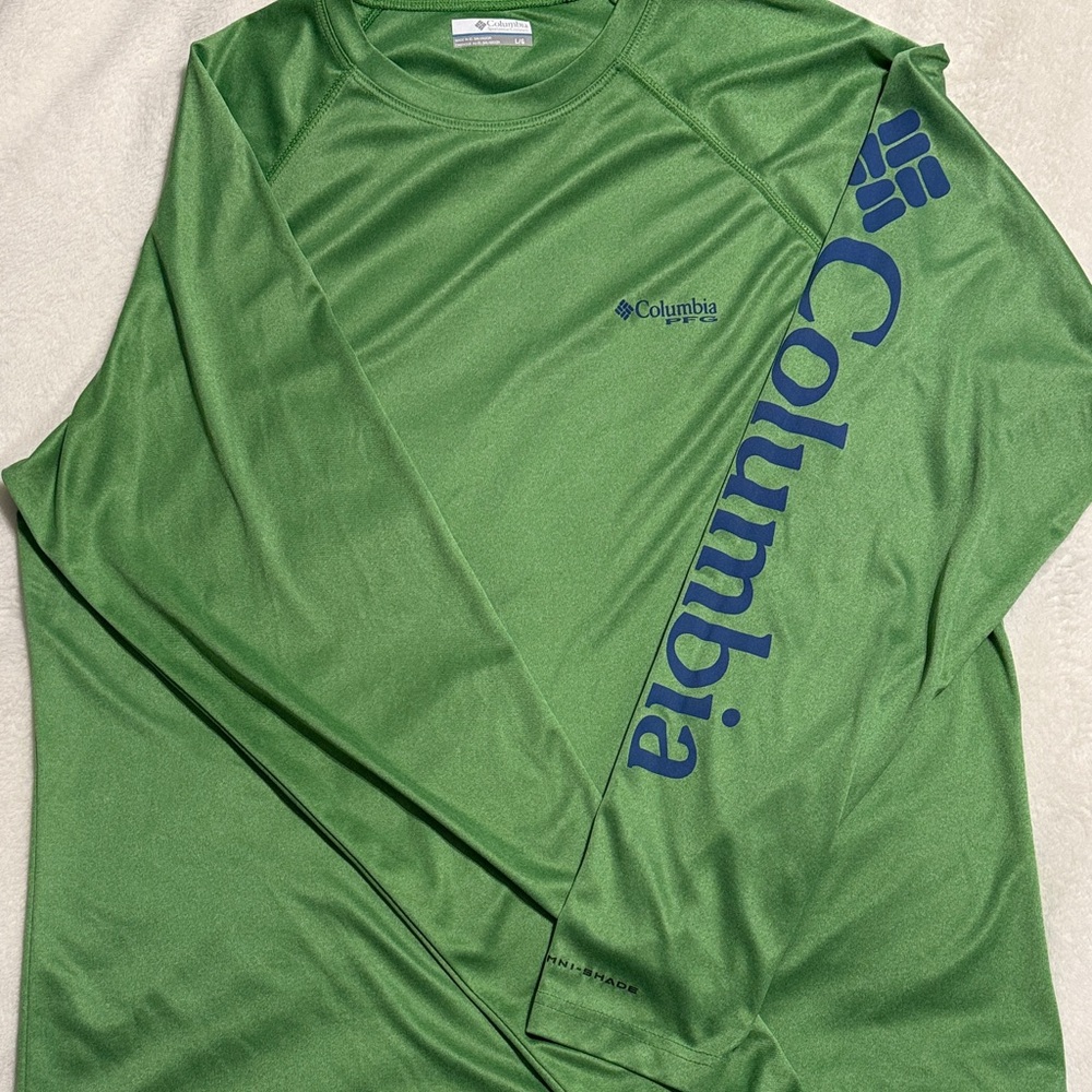Columbia Green Performance Shirt with Blue Logo